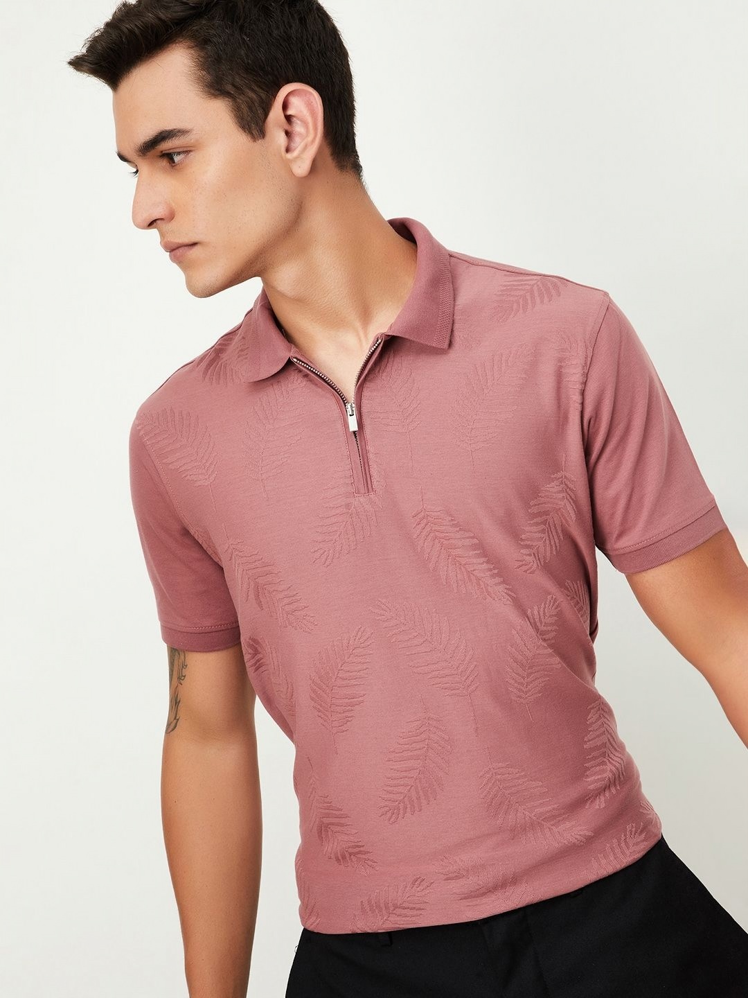 

max Men Self Design Polo Collar Cotton T-shirt, Mauve