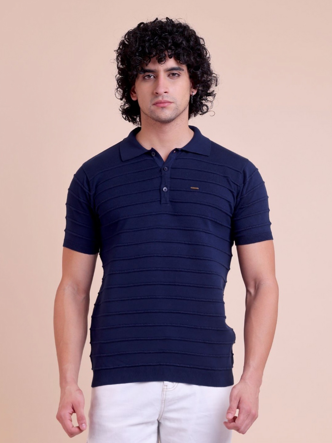 

berry blues Men Polo Collar Pure Cotton Slim Fit T-shirt, Navy blue