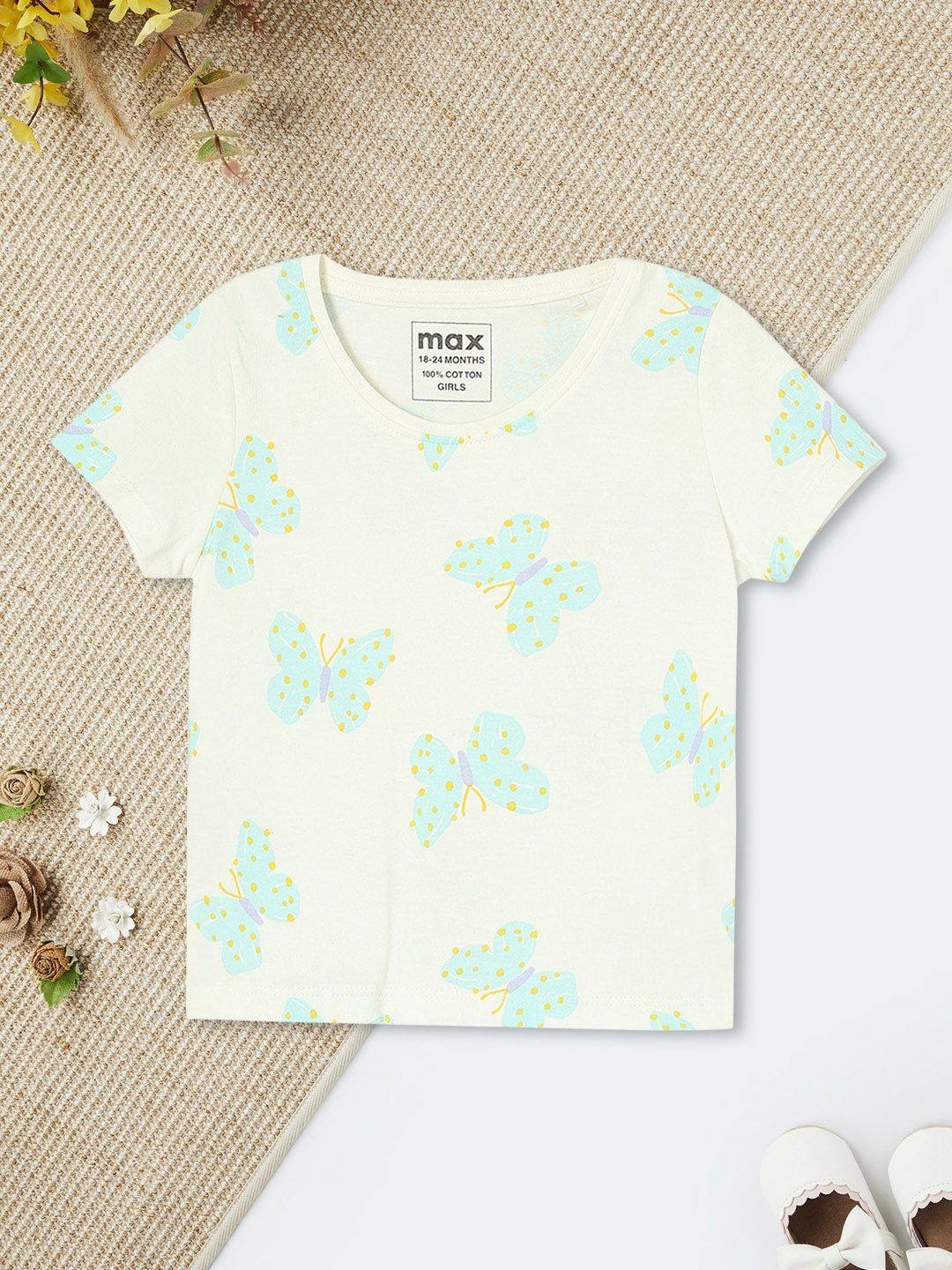 

max Girls Conversational Printed Round Neck Cotton T-shirt, White
