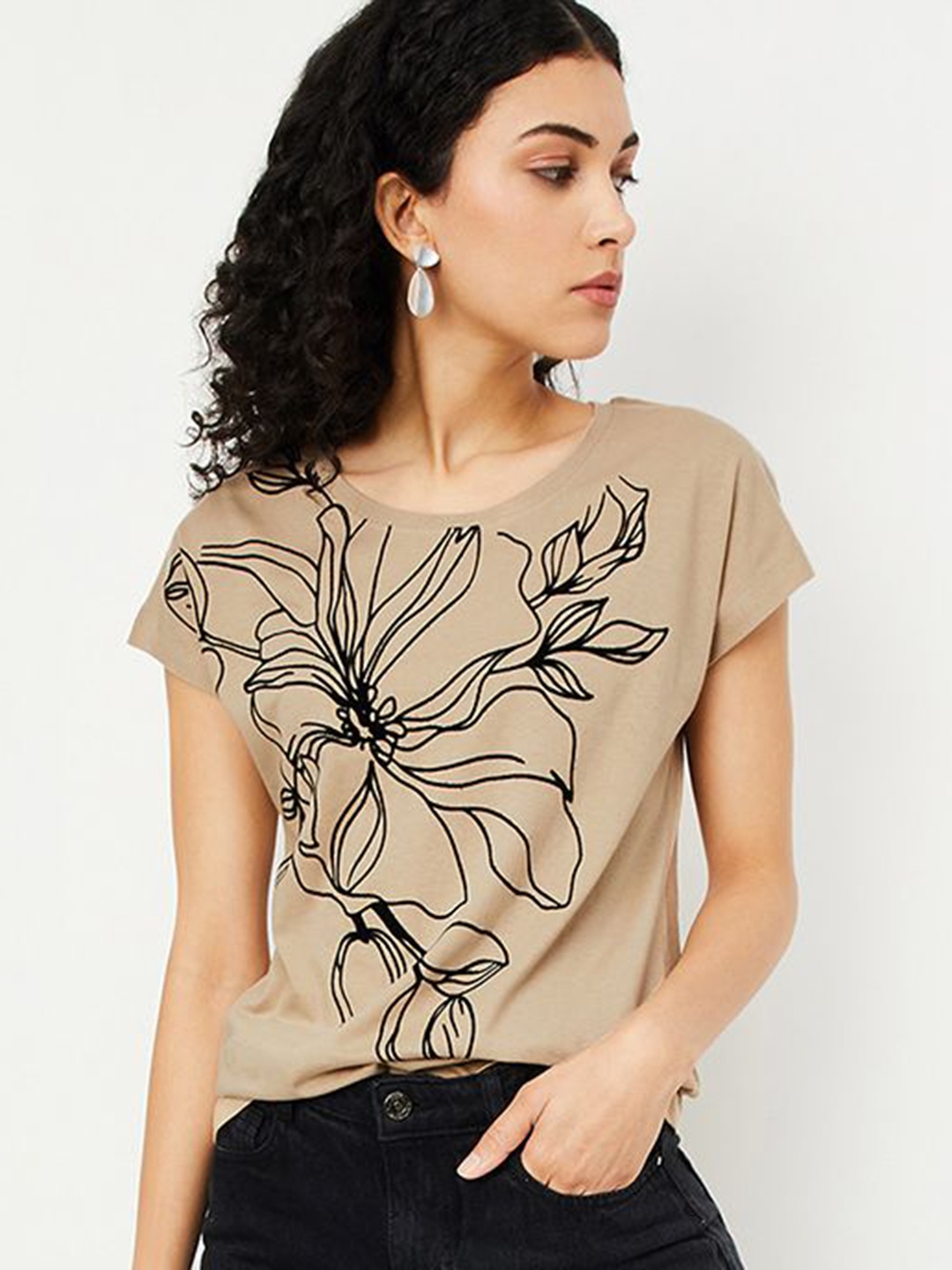 

max Women Floral Printed Round Neck Cotton T-shirt, Beige