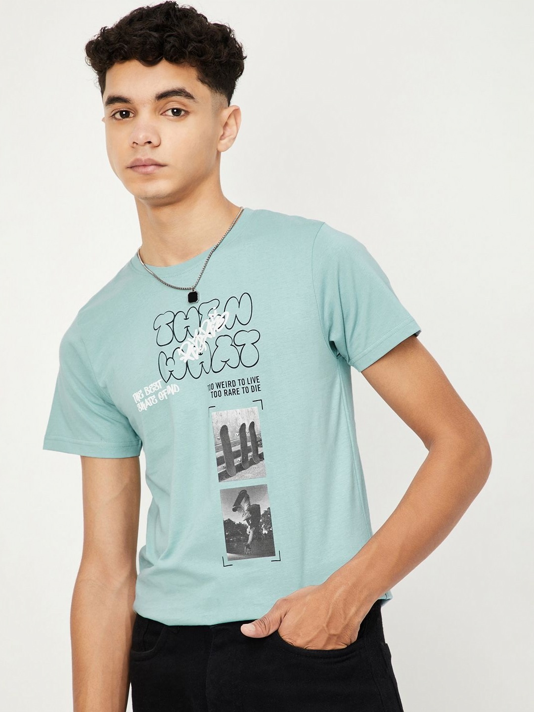

max Boys Typography Printed Round Neck Cotton T-shirt, Blue