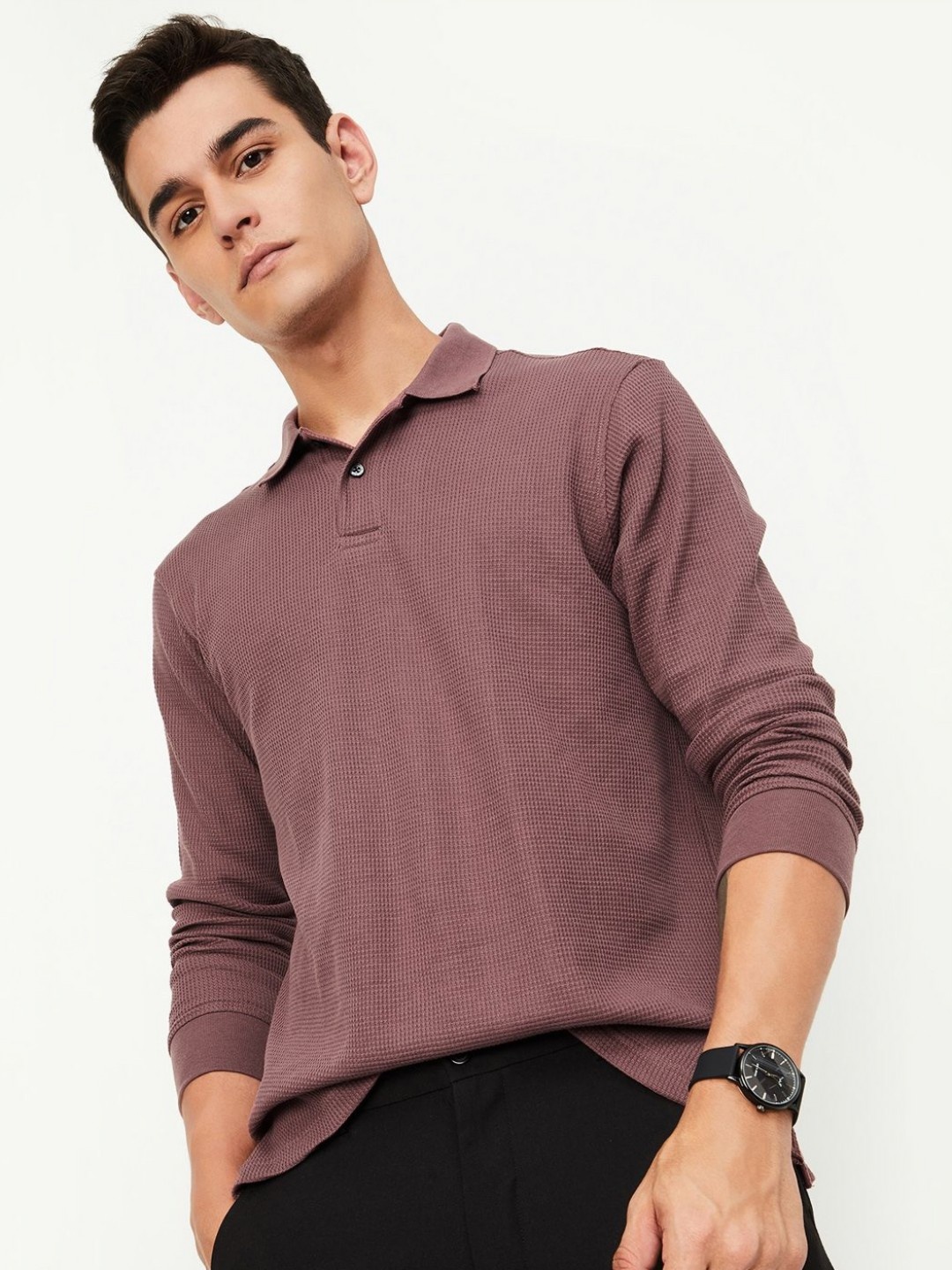 

max Men Self Design Polo Collar Cotton T-shirt, Mauve