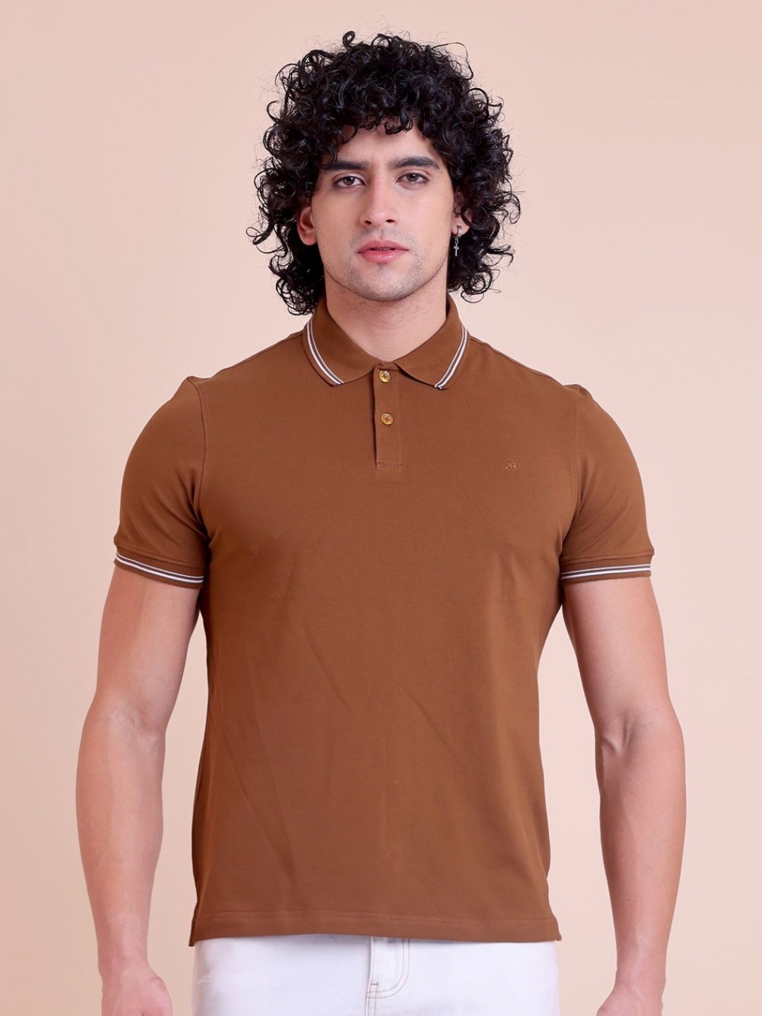 

berry blues Men Polo Collar Pure Cotton Slim Fit T-shirt, Brown