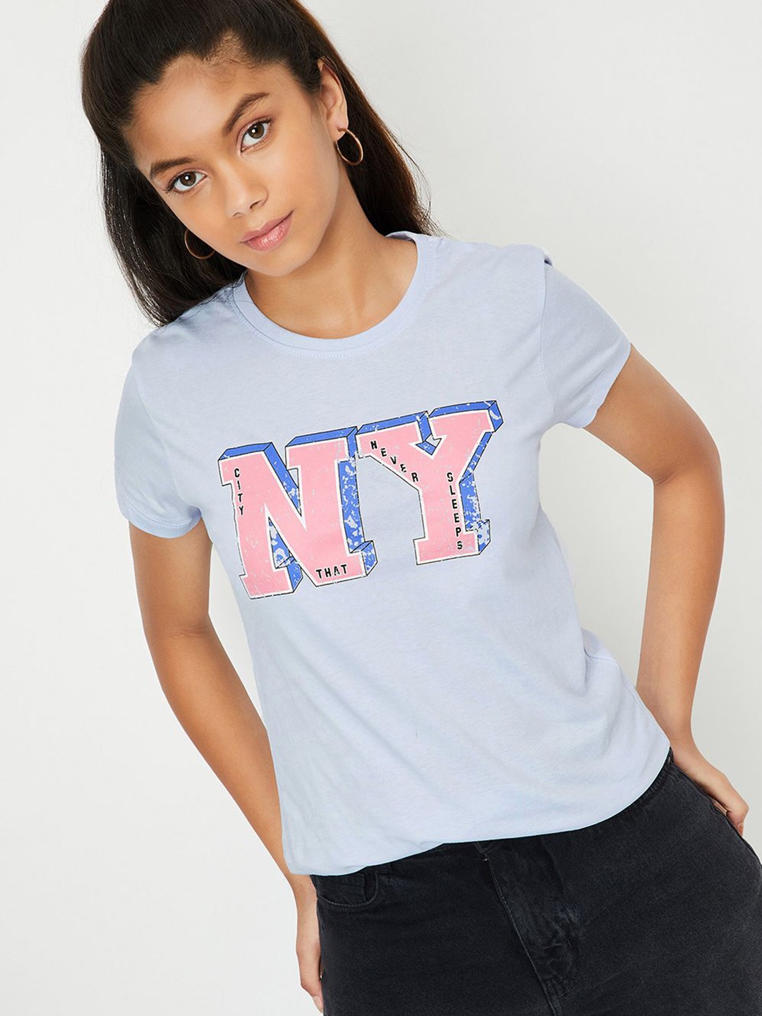 

max Girls Typography Printed Round Neck Cotton T-shirt, Blue