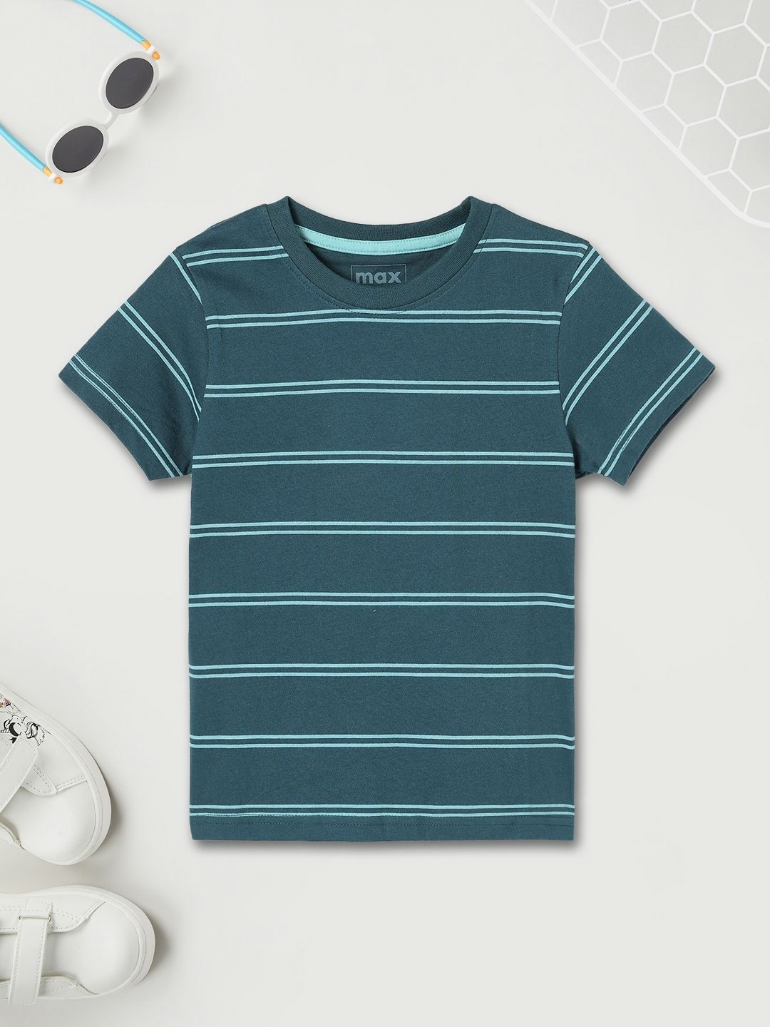 

max Boys Striped Round Neck Cotton T-shirt, Teal