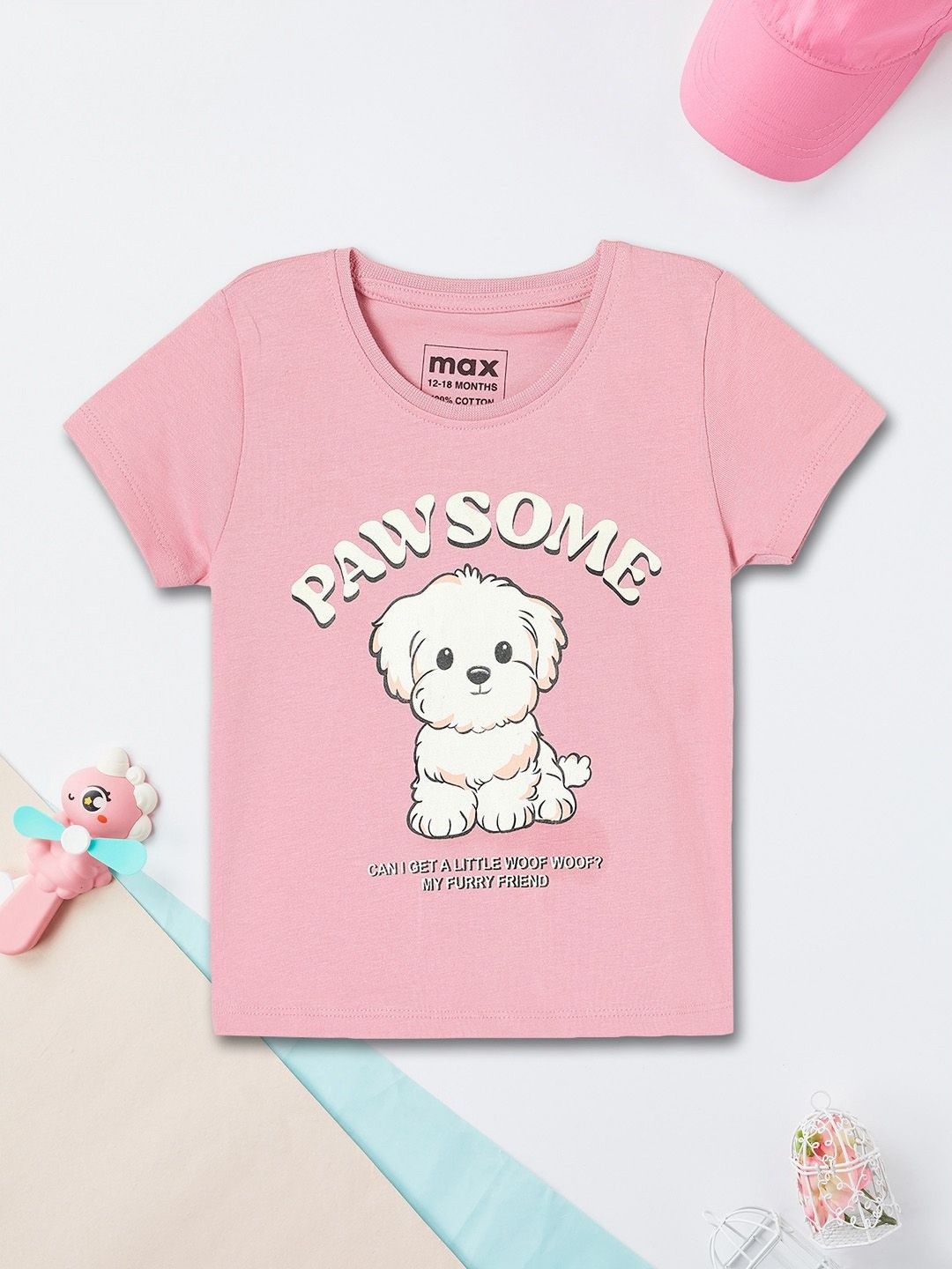 

max Girls Printed V-Neck Applique T-shirt, Pink