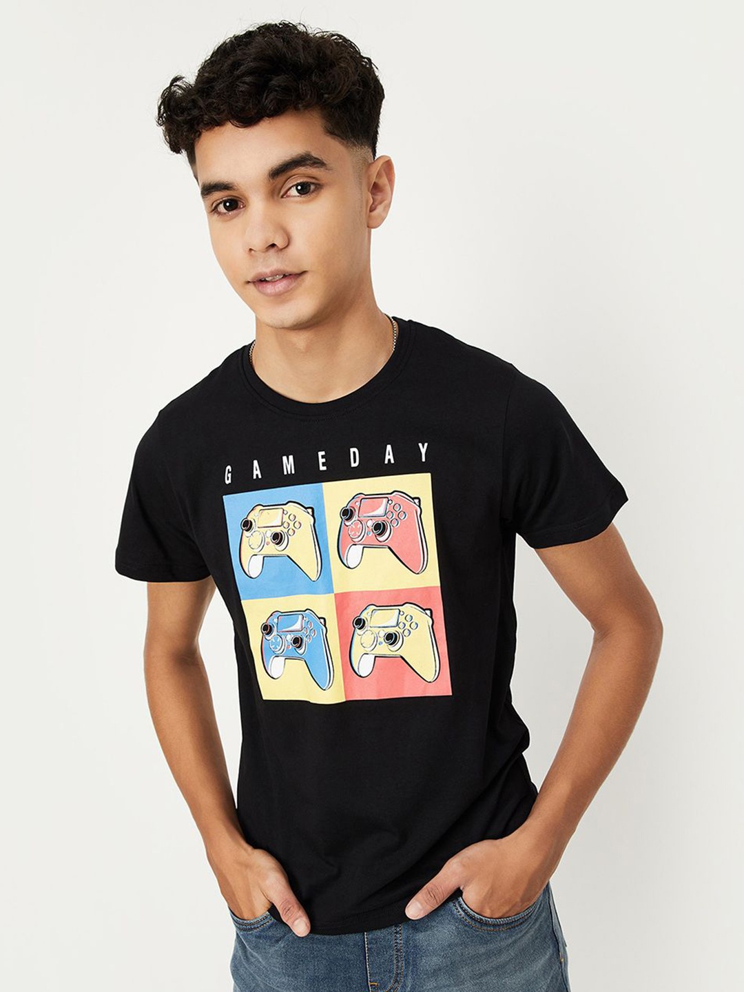 

max Boys Graphic Printed Round Neck Cotton T-shirt, Black