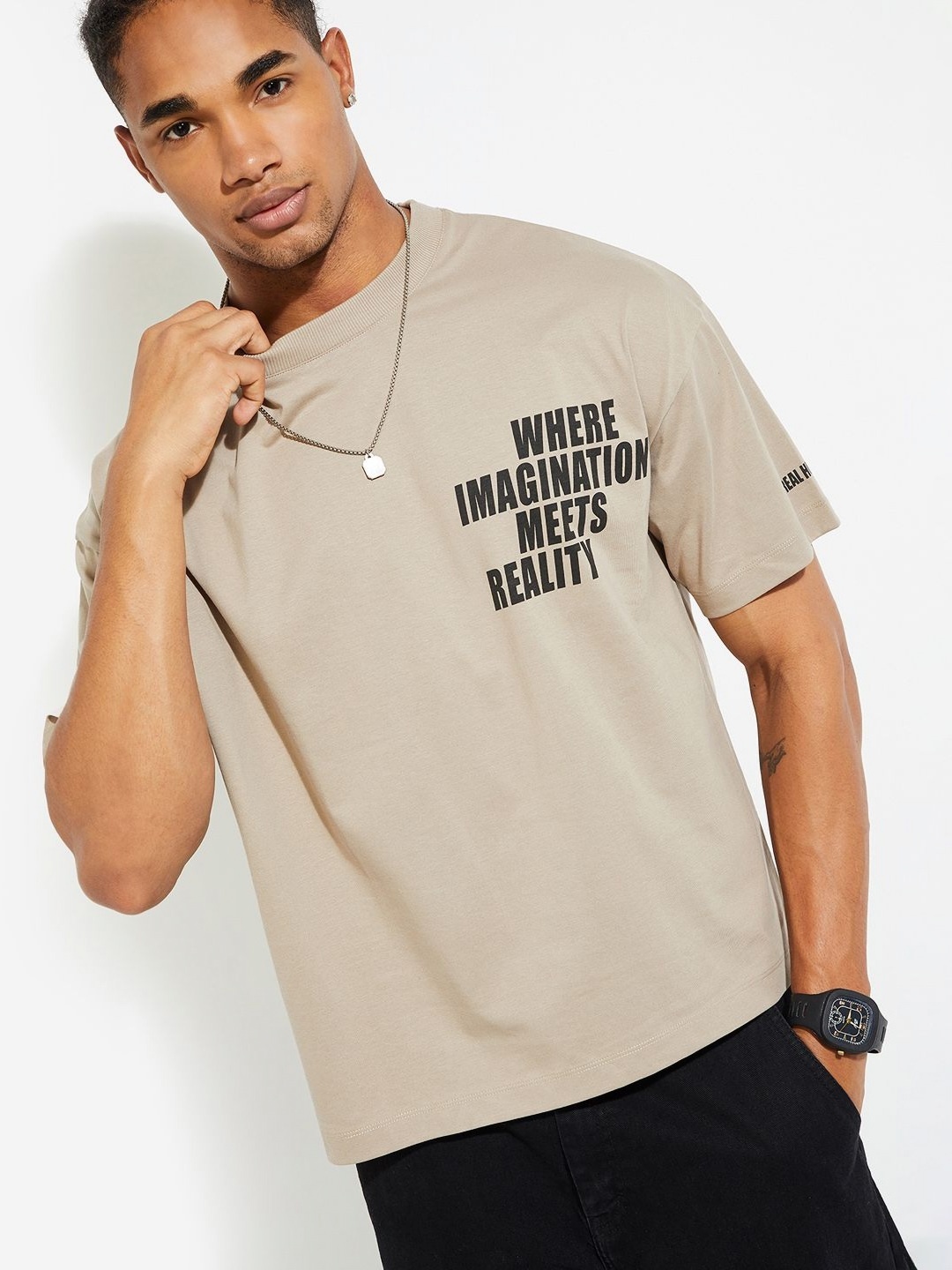 

max URB_N Men Typographic Printed T-shirt, Beige
