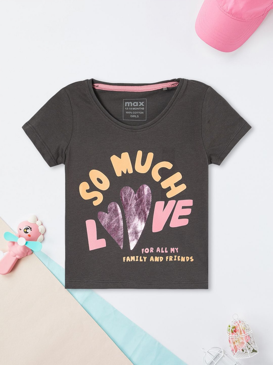 

max Girls Typography Printed Round Neck Cotton T-shirt, Grey