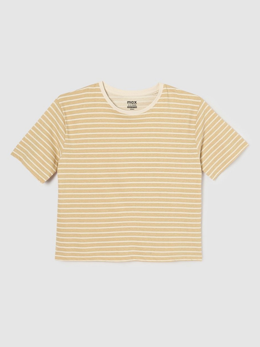 

max Girls Striped Round Neck Cotton T-shirt, Beige