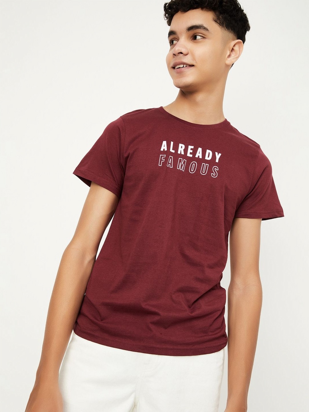 

max Boys Typography Printed Round Neck Cotton T-shirt, Maroon