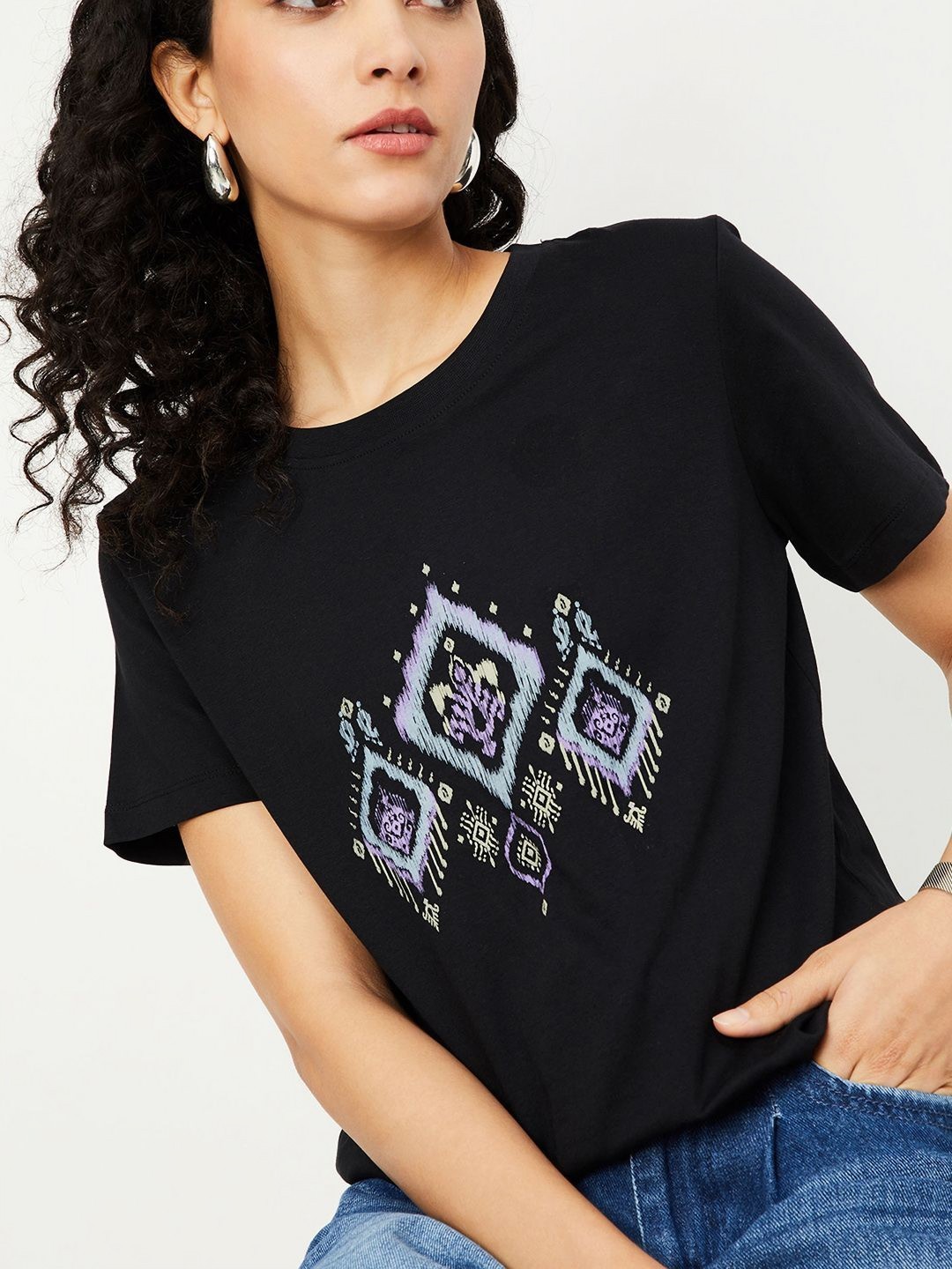 

max Women Graphic Printed Round Neck Cotton T-shirt, Black