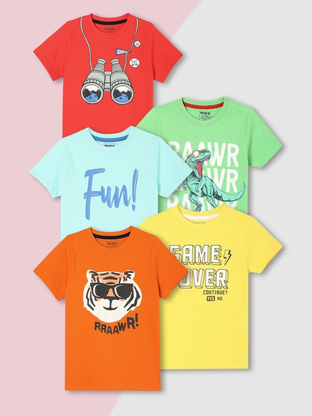 

max Boys Pack Of 5 Graphic Printed Round Neck Cotton T-shirts, Orange