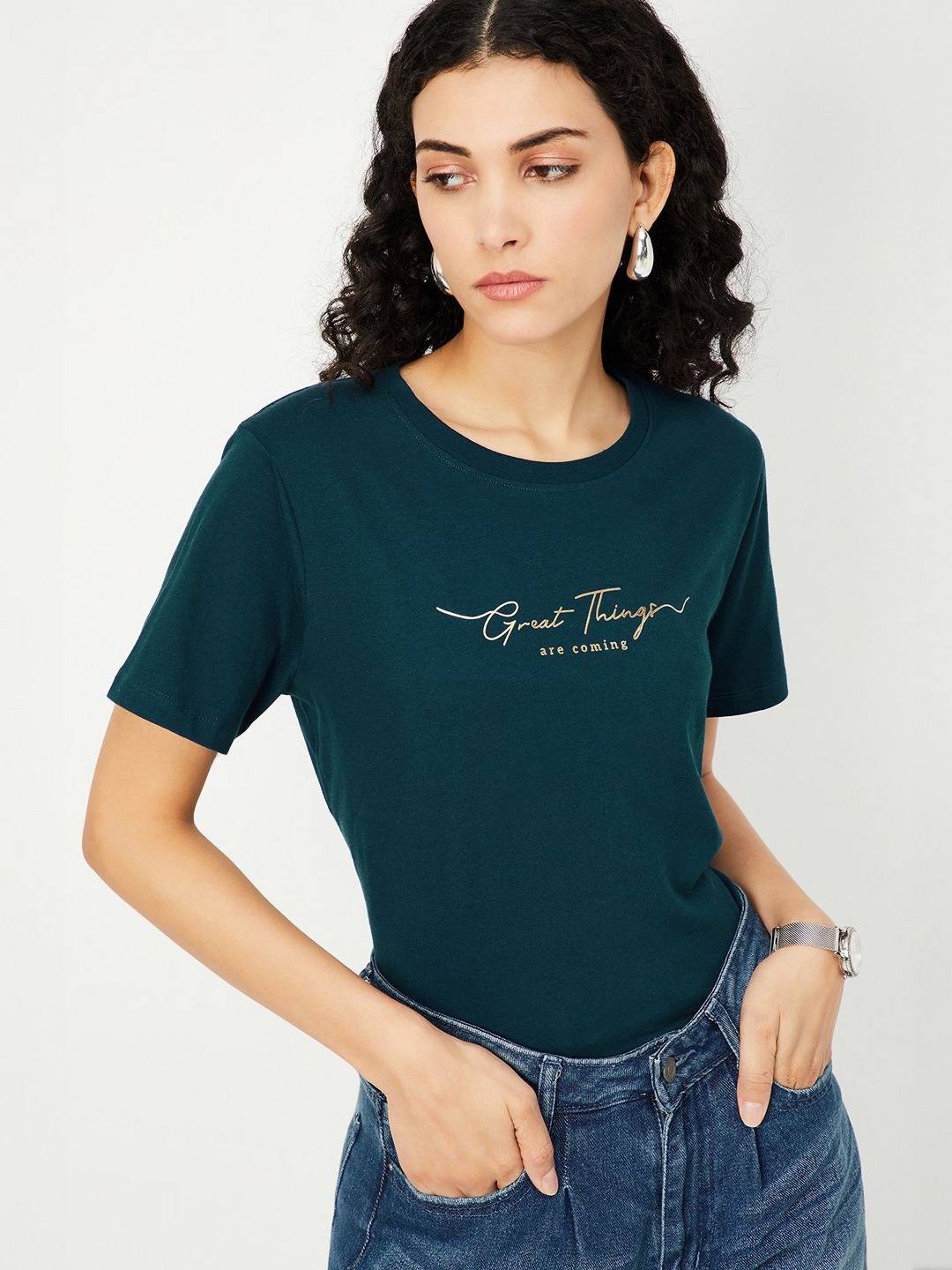 

max Women Typography Printed Round Neck Cotton T-shirt, Teal