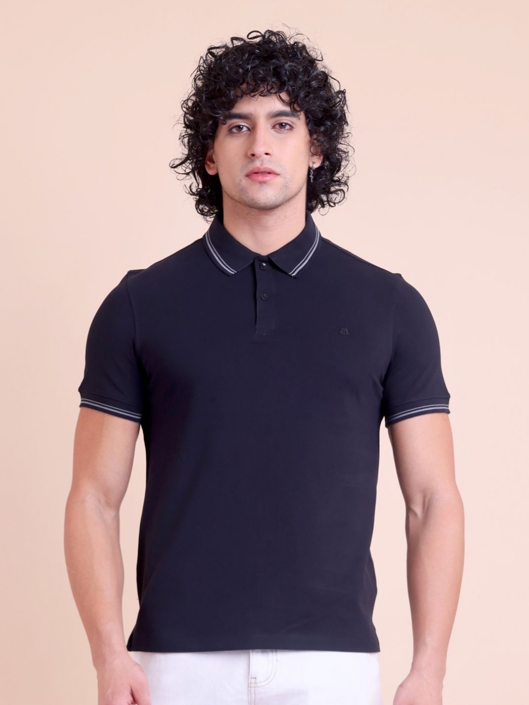 

berry blues Men Polo Collar Pure Cotton Slim Fit T-shirt, Black