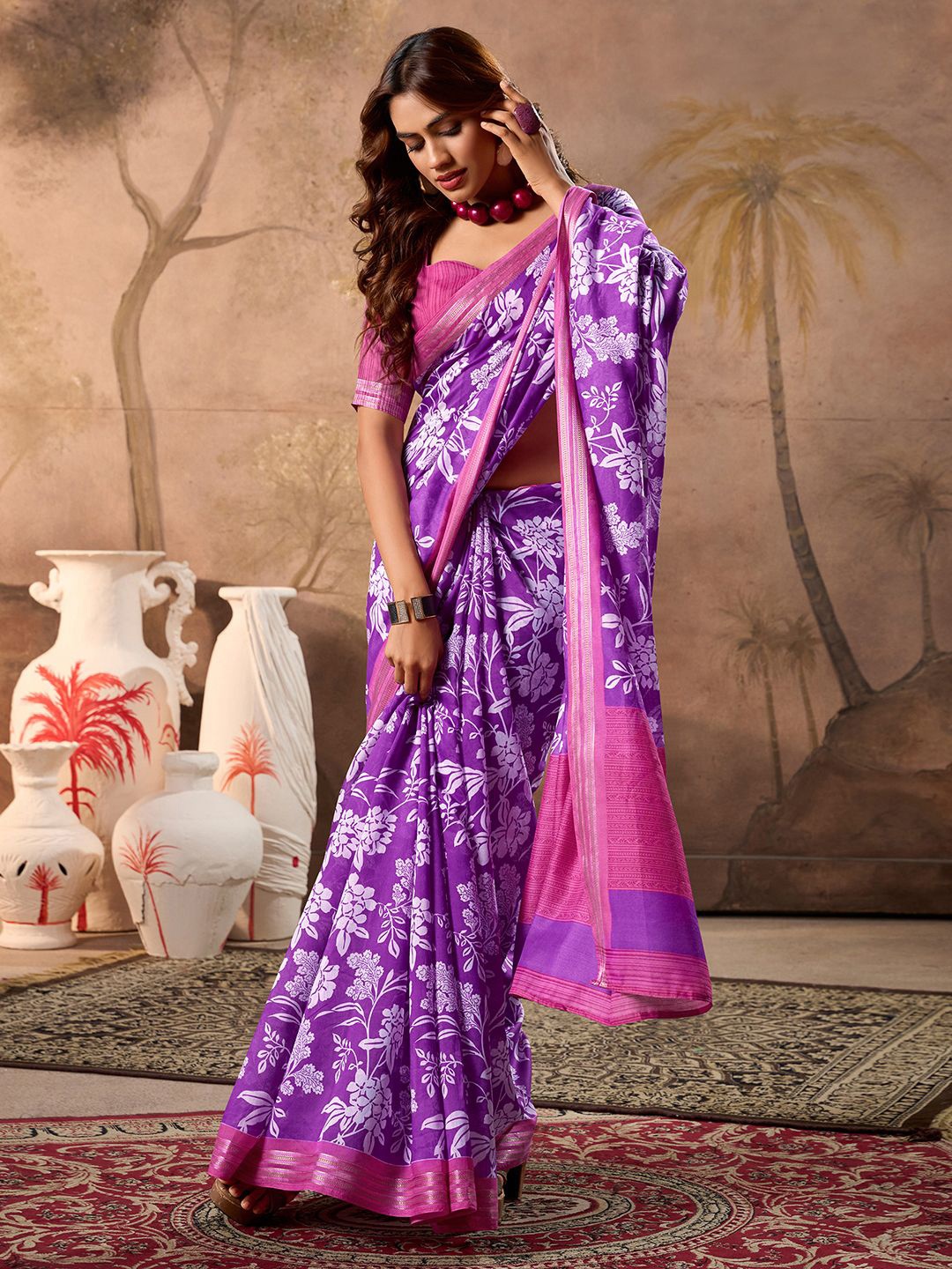 

Mitera Floral Zari Saree, Purple