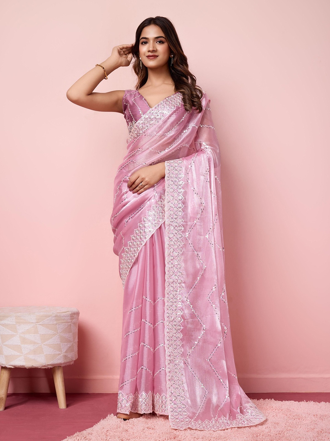 

HERE&NOW Women Sequinned Saree With Blouse Piece, Pink
