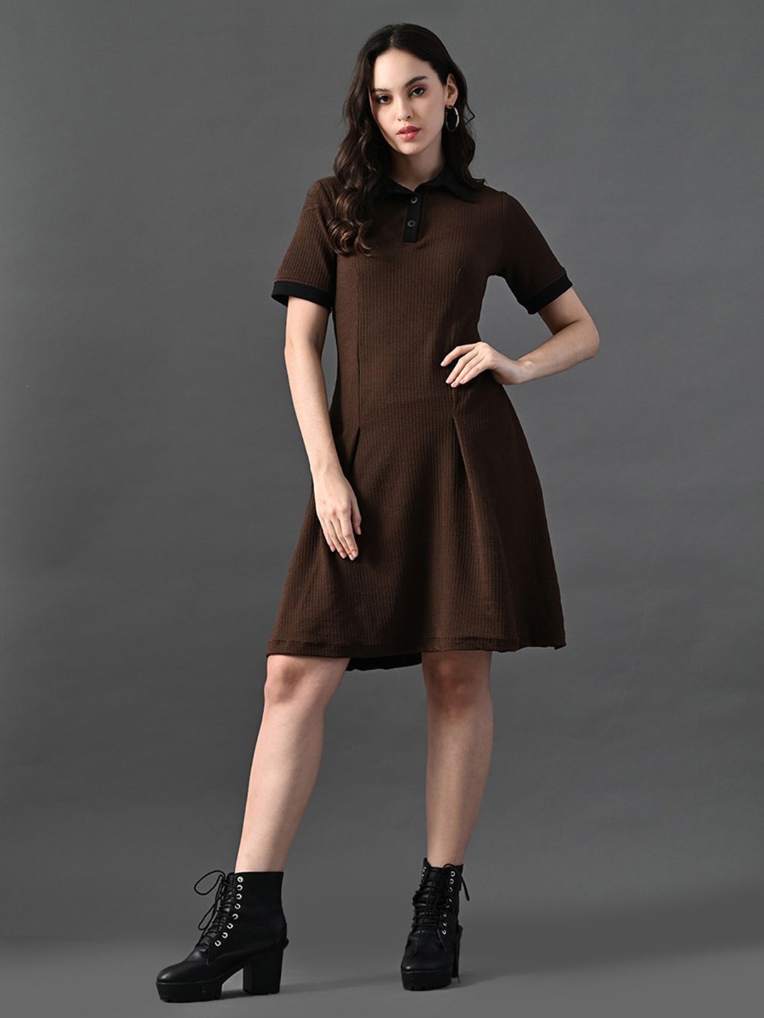 

The Roadster Lifestyle Co Women Shirt Collar A-Line Dress, Coffee brown