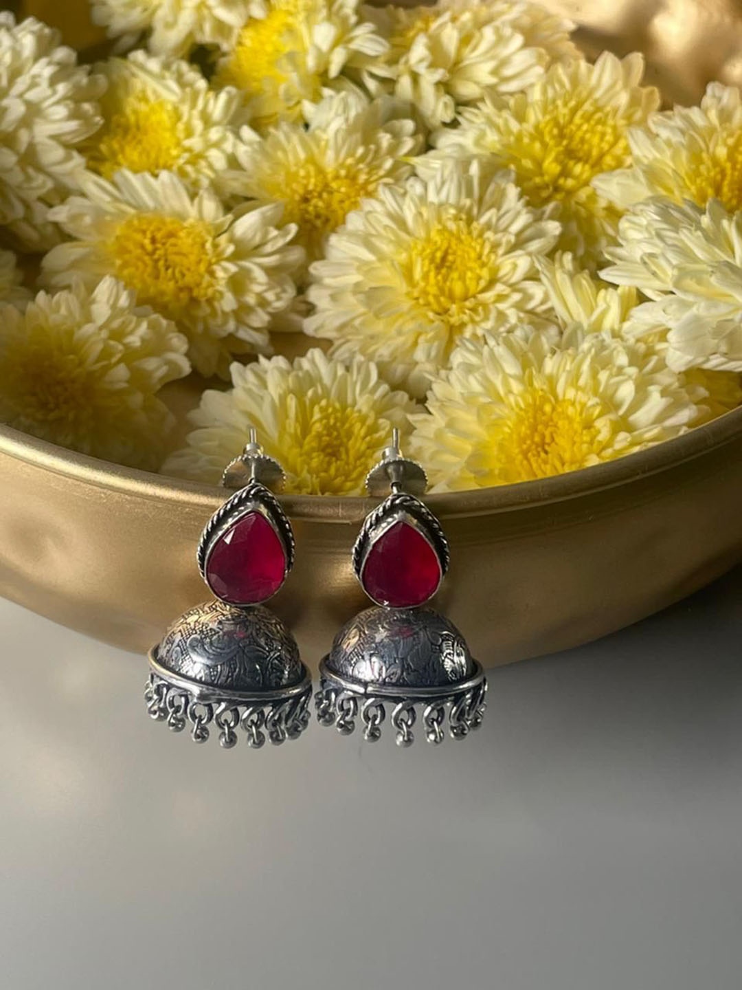 

Niska Dome Shaped Stone Studded Oxidised Jhumkas, Silver