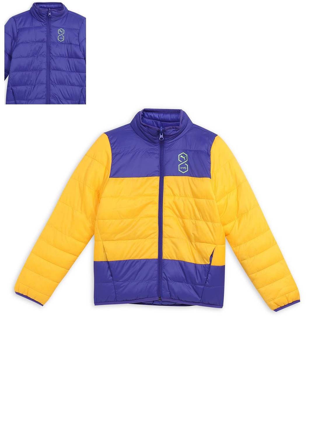 

one8 x PUMA Boys Colourblocked Reversible Outdoor Puffer Jacket with Patchwork, Blue