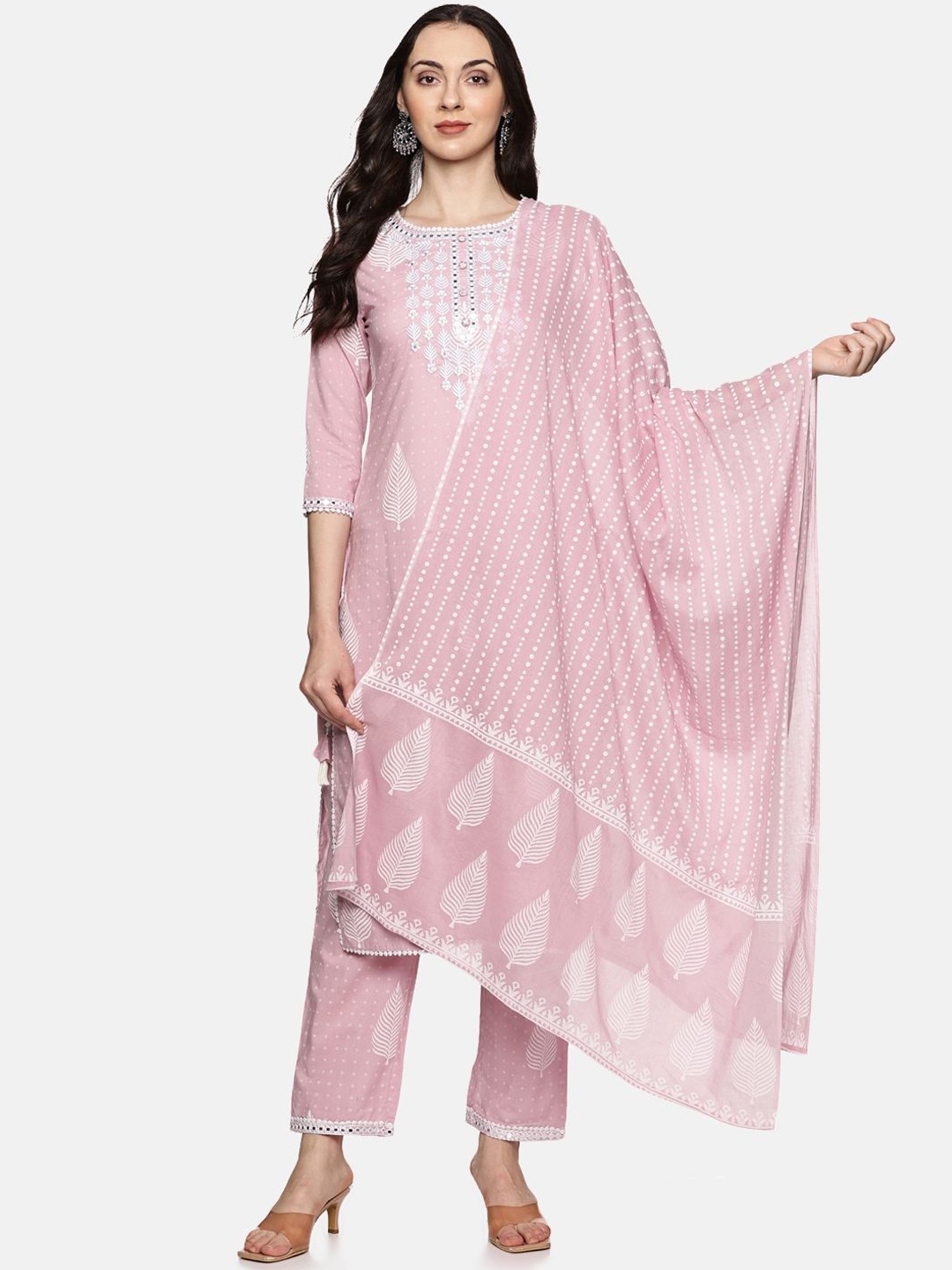 

RAJMANDIRFABRICS Women Floral Embroidered Regular Mirror Work Pure Cotton Kurta with Trousers & With Dupatta, Pink