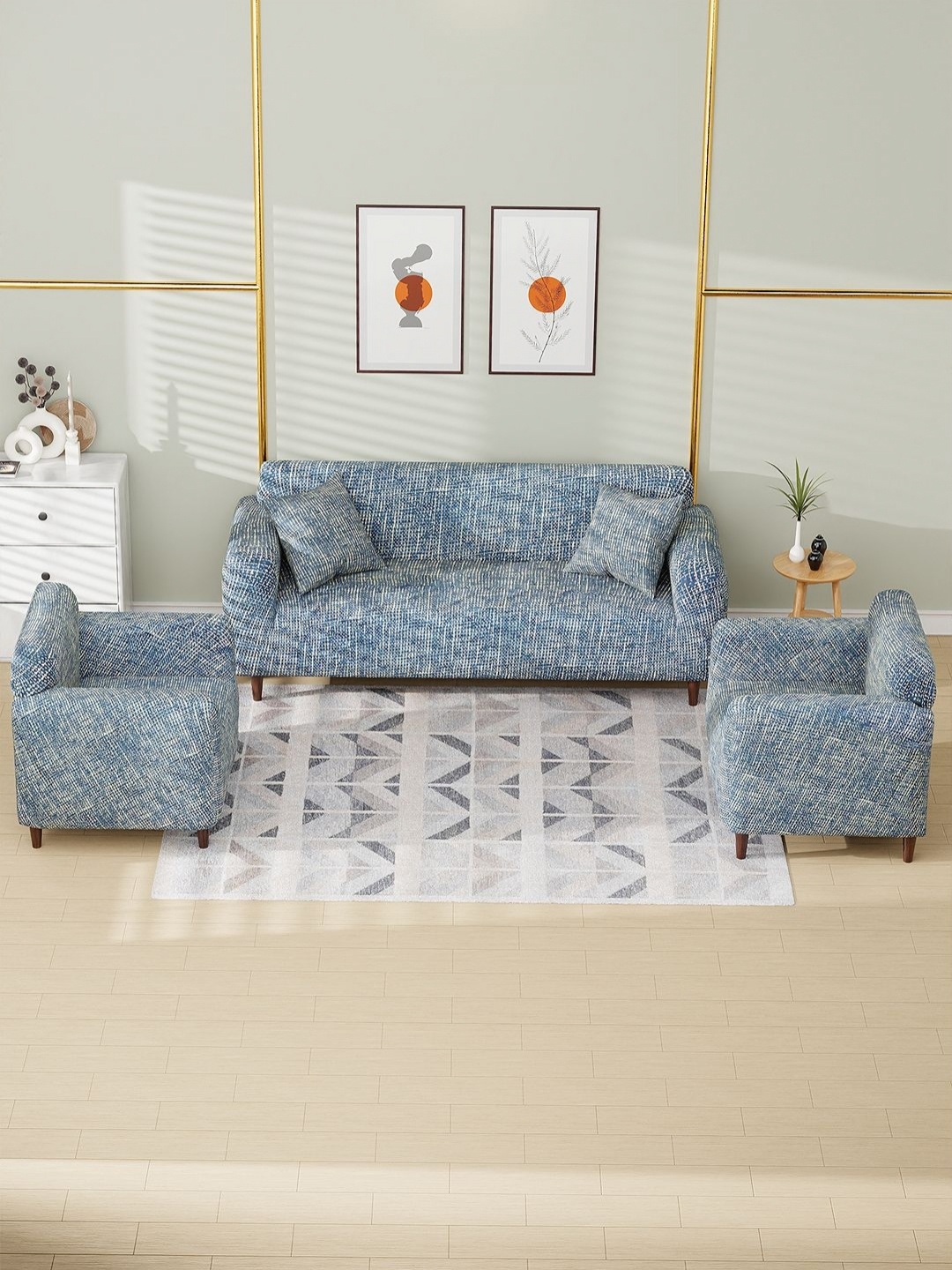 

Myntra Elegant Homes Yellow & Blue Printed 5 Seater Sofa Cover With Arms