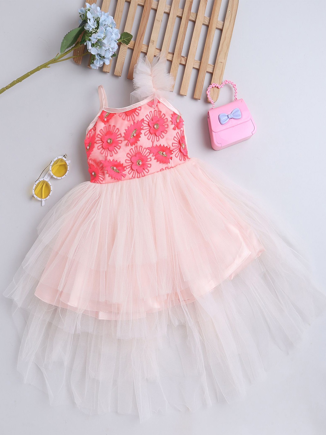 

MANY FROCKS & Floral Net Fit & Flare Dress, Peach