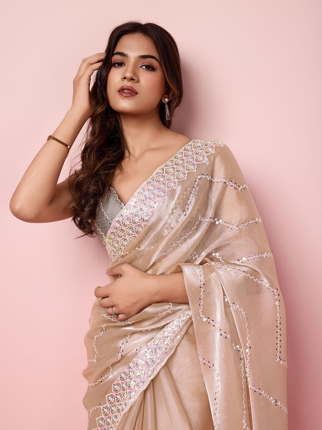

HERE&NOW Floral Embroidered Sequinned Saree, Beige