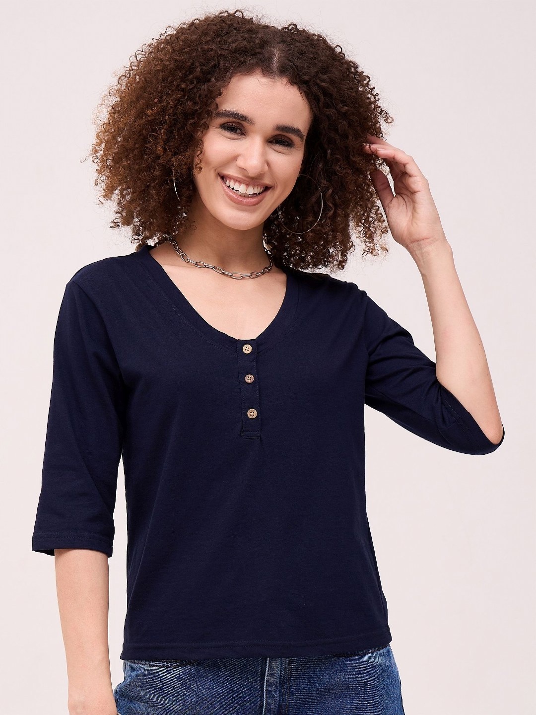 

DressBerry Women Henley Neck Pockets T-shirt, Navy blue