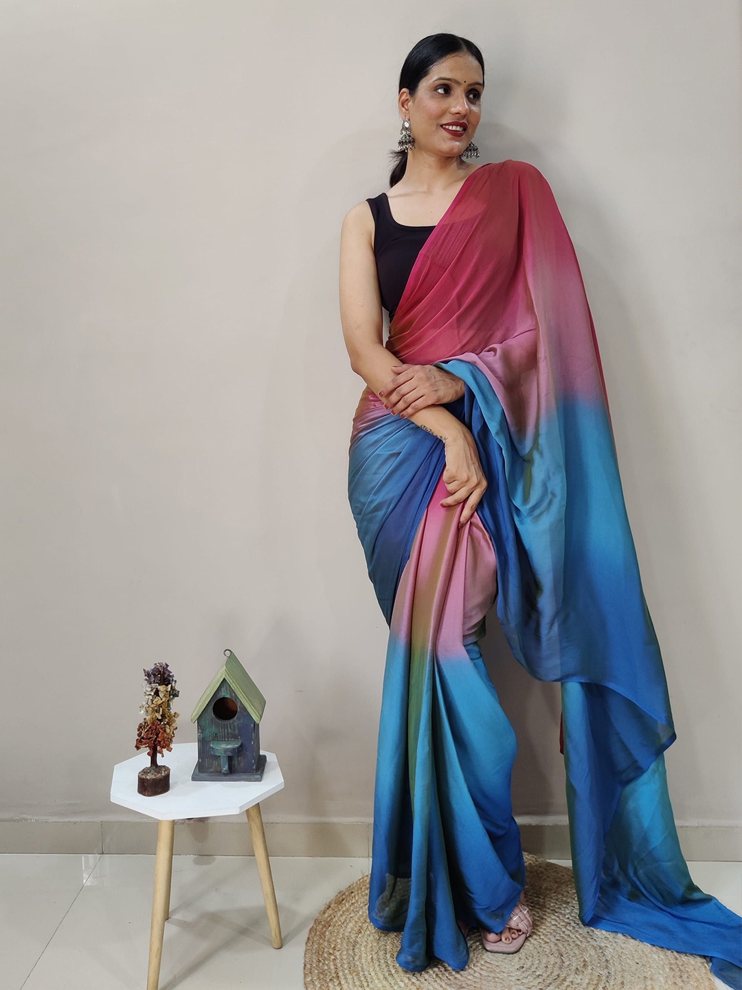 

KAYOMMI Satin Ombre Ready to Wear Saree, Pink