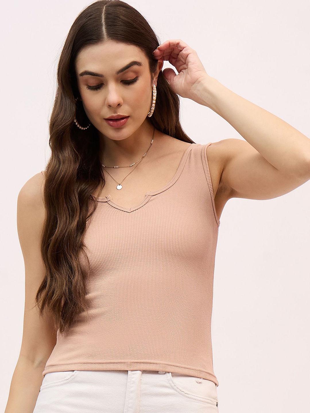 

DressBerry Women Round Neck Sleeveless Fitted Top, Beige