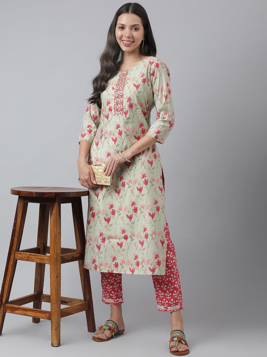 

KALINI Floral Printed Thread Work Pure Cotton Straight Kurta with Trousers, Green
