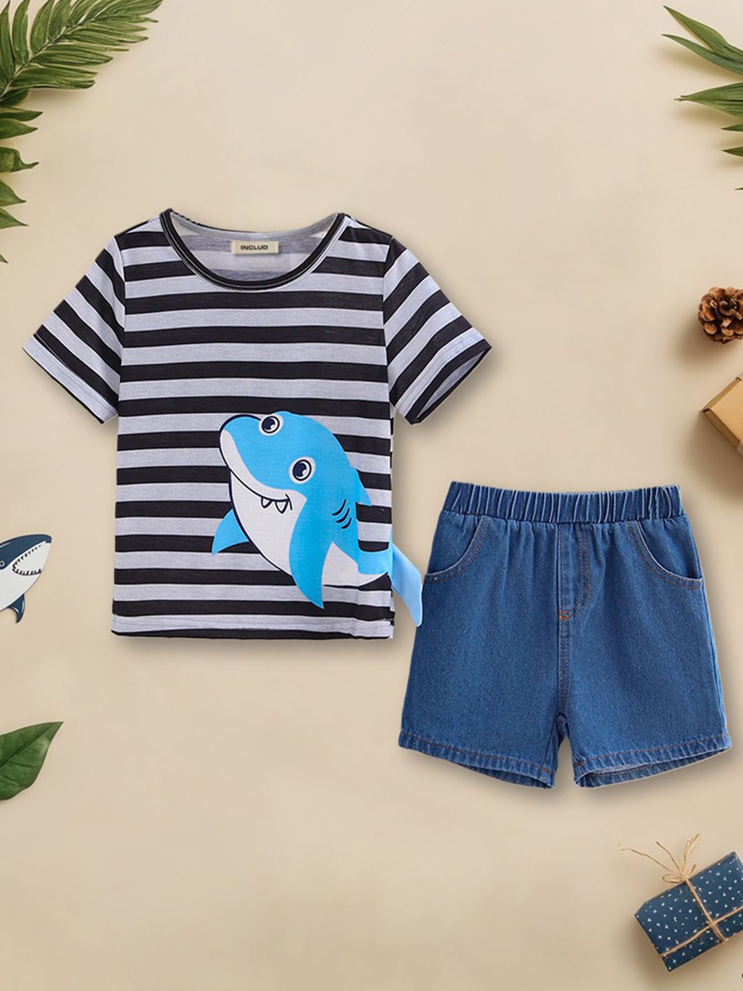 

INCLUD Boys Striped T-shirt with Shorts, Black