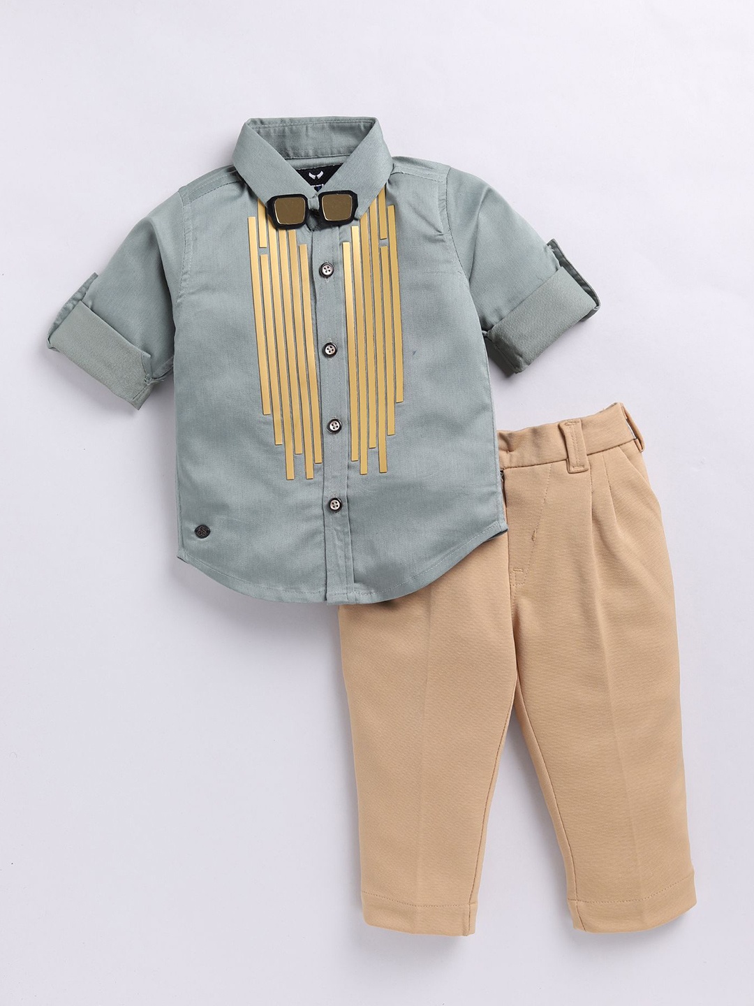 

LITTLE COLLARS Boys Embellished Shirt with Trousers, Green