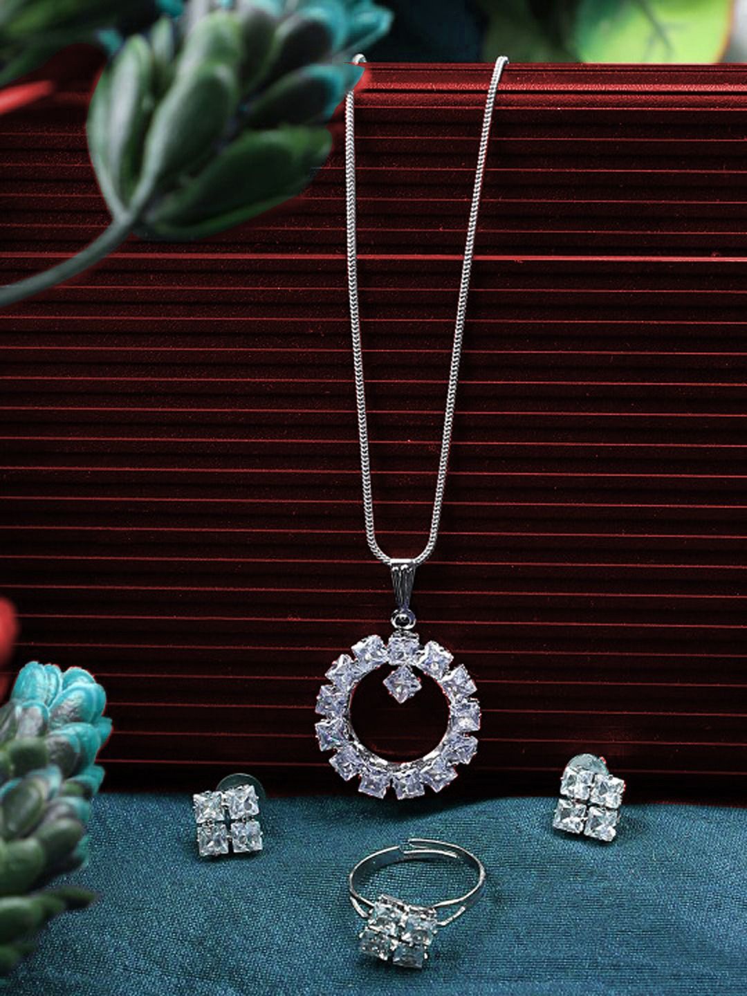 

KRENOZ Rhodium-Plated Stone Studded Jewellery Set, Silver