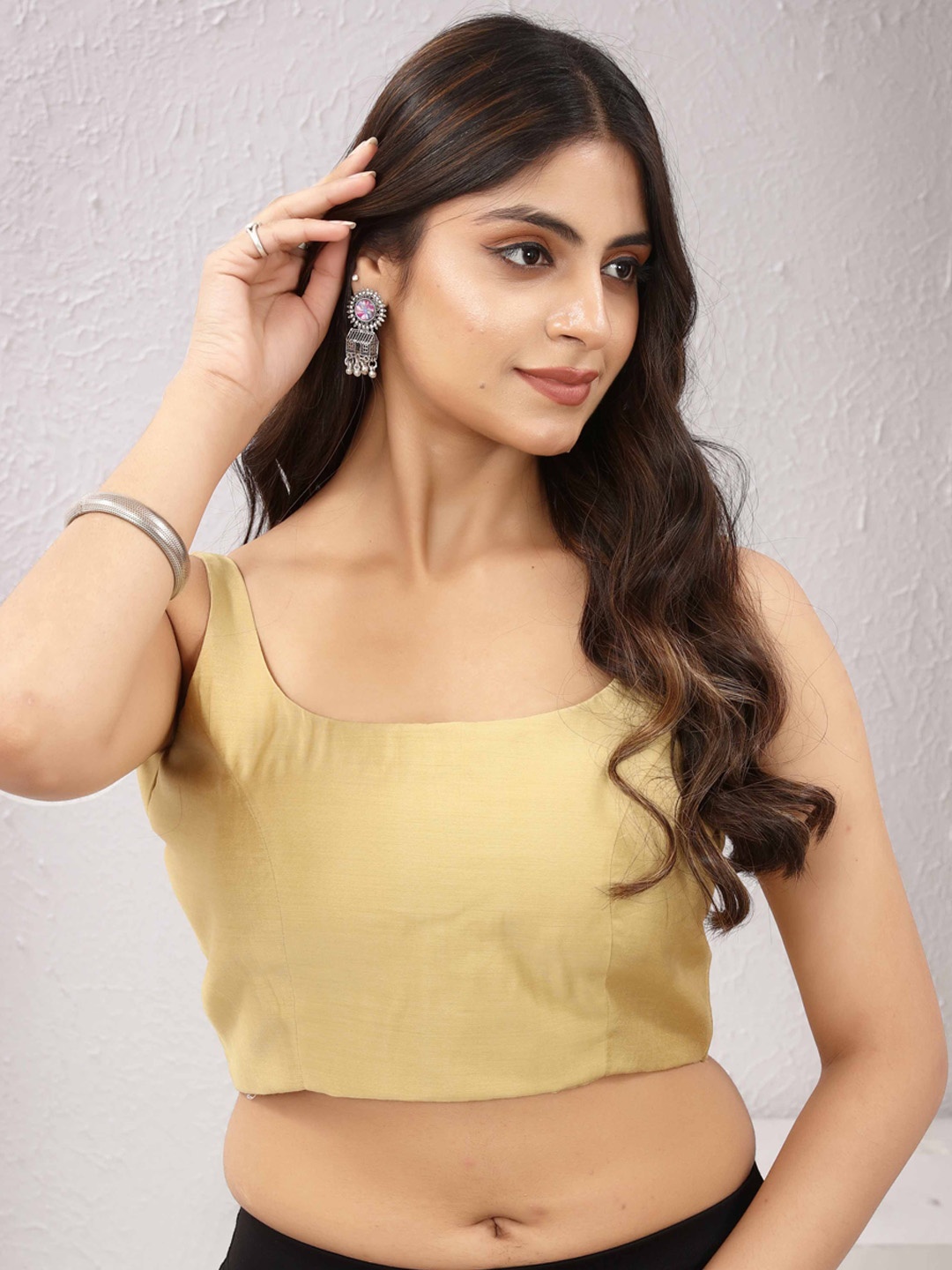 

Globon Impex Silk Round Neck Saree Blouse, Gold