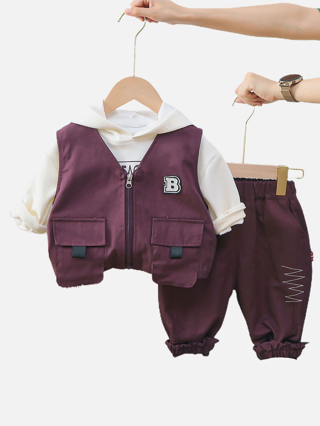 

Little Surprise Box LLP Kids Printed Sweatshirt & Joggers With Jacket Clothing Set, Burgundy