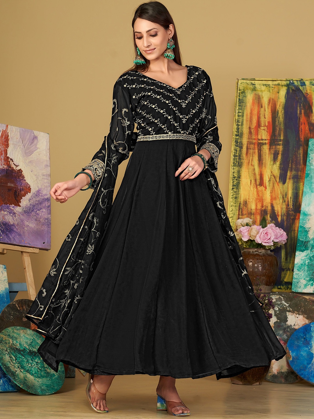 

KALINI Embroidered Semi-Stitched Dress Material, Black