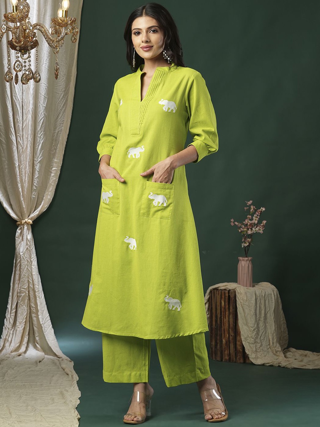 

INDYES Embroidered Thread Work Pure Cotton Kurta With Palazzos, Lime green