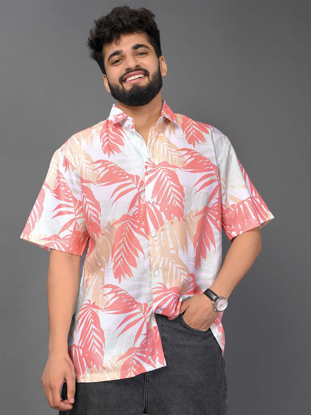 

BOWLIFESTYLE Men Classic Fit Spread Collar Floral Printed Cotton Casual Shirt, Coral