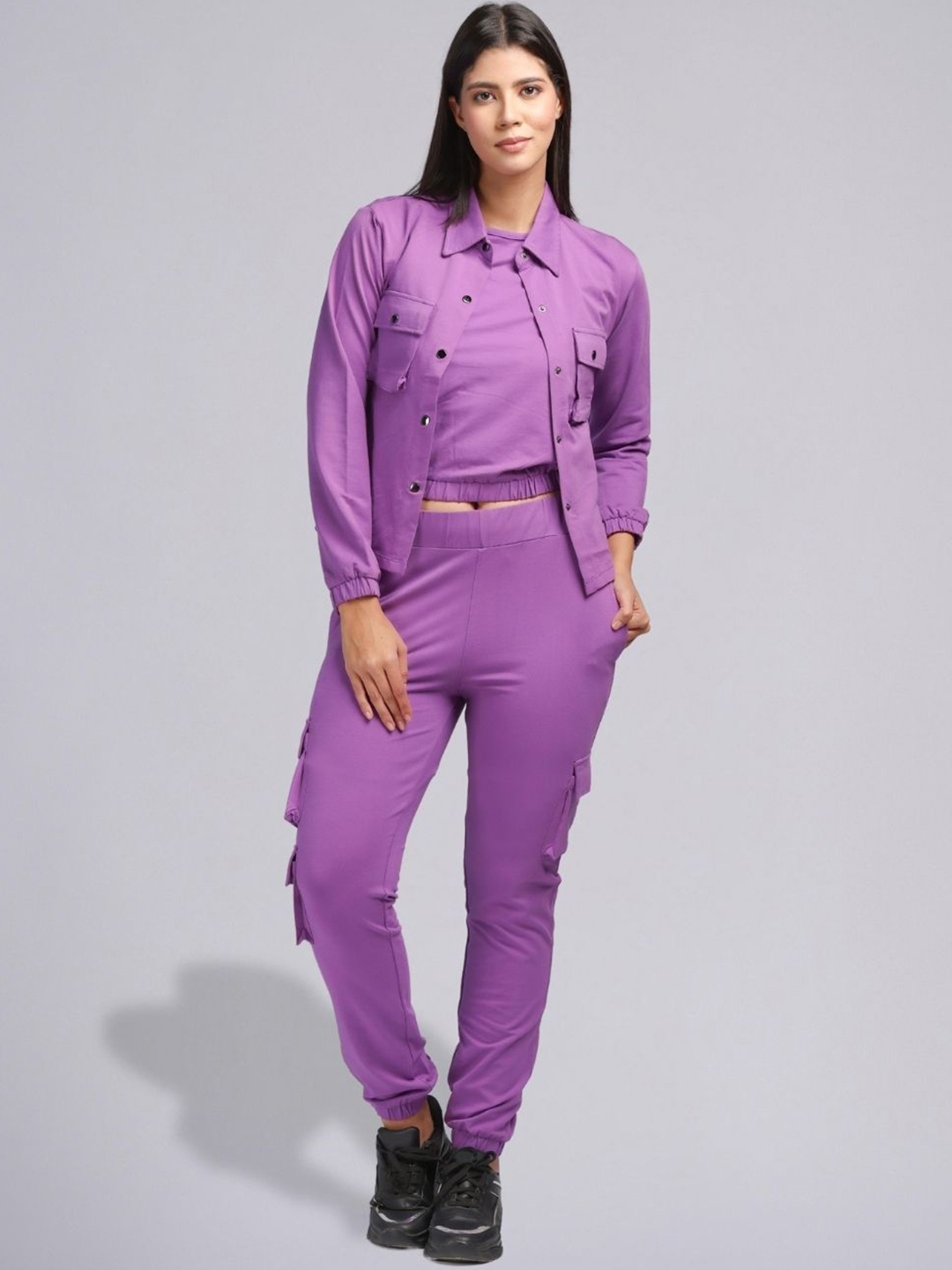 

PUREMIST Round Neck Sleeveless Top With Jogger With Jacket, Purple