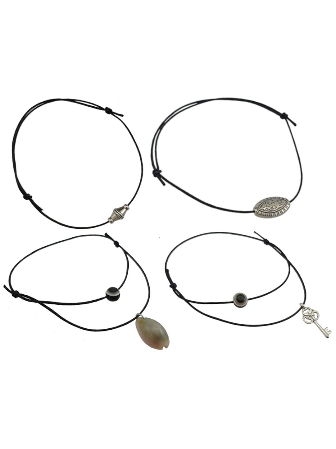 

HIGH TRENDZ 4 Pcs Combo Black Thread Knot with Oxidised Single Charms Adjustable Anklets