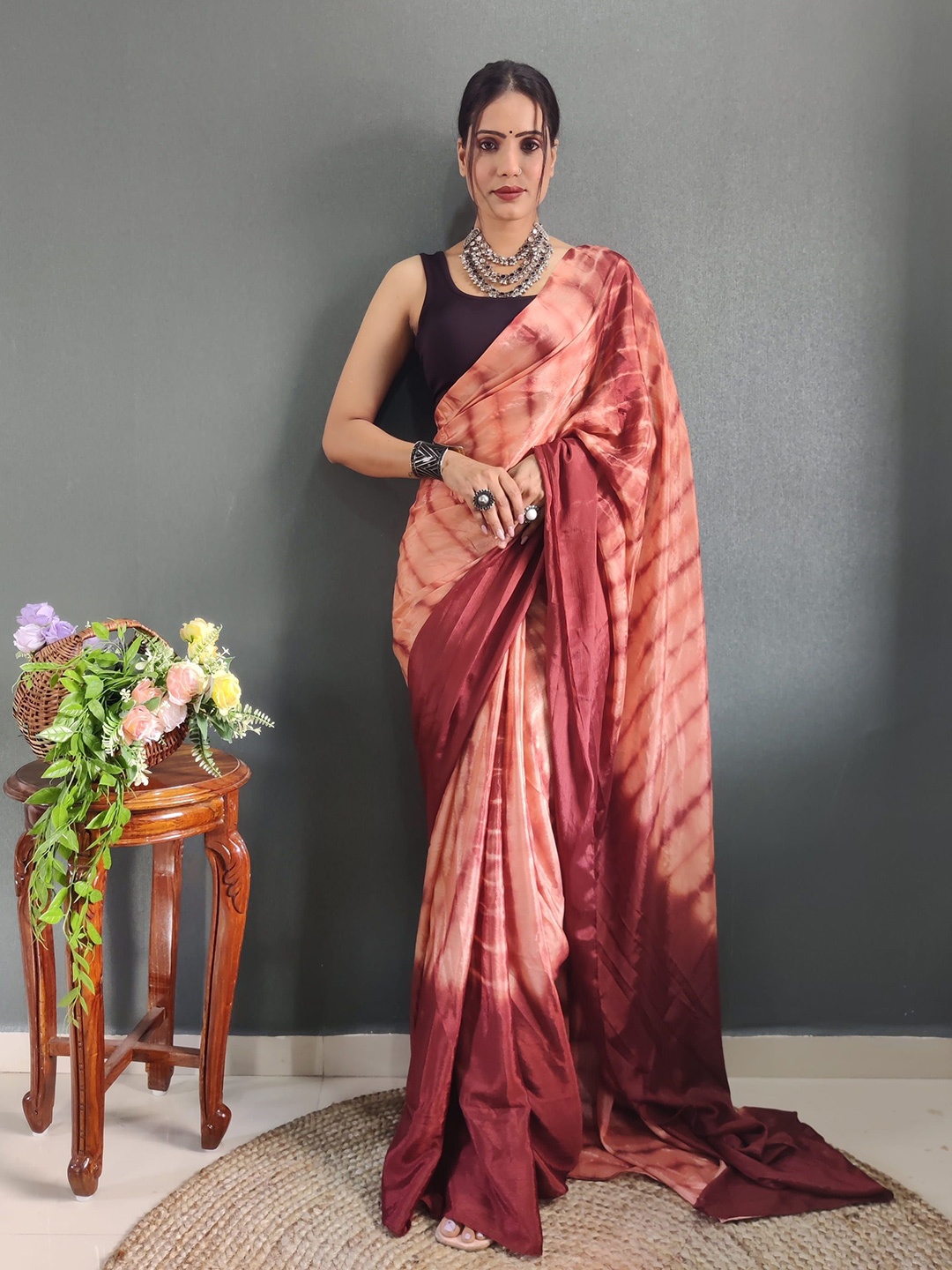 

KAYOMMI Tie and Dye Satin Ready to Wear Saree, Peach