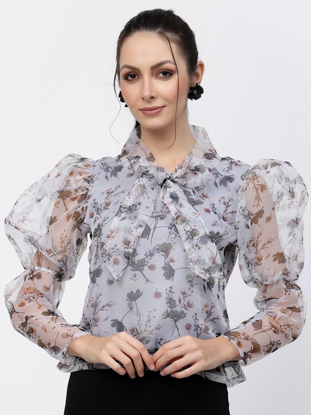 

Fabway Clothing Floral Print Tie-Up Neck Puff Sleeve Top, Grey