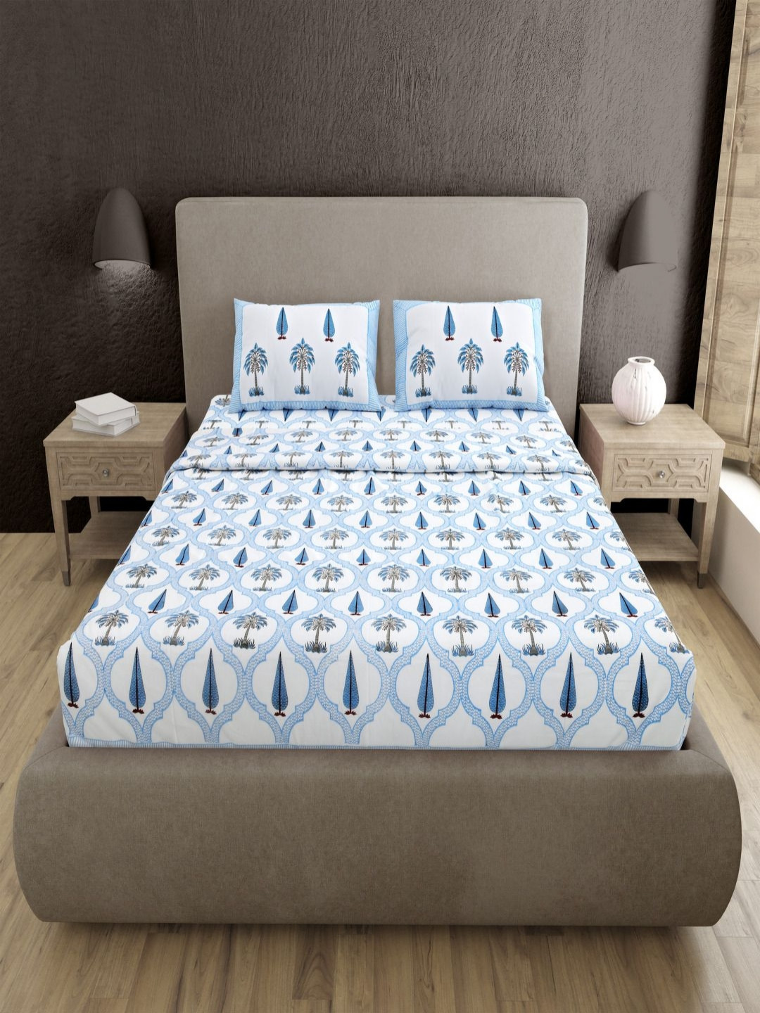 

BED-SHEET.COM Blue & White Floral 400 TC King Bedsheet with 2 Pillow Covers