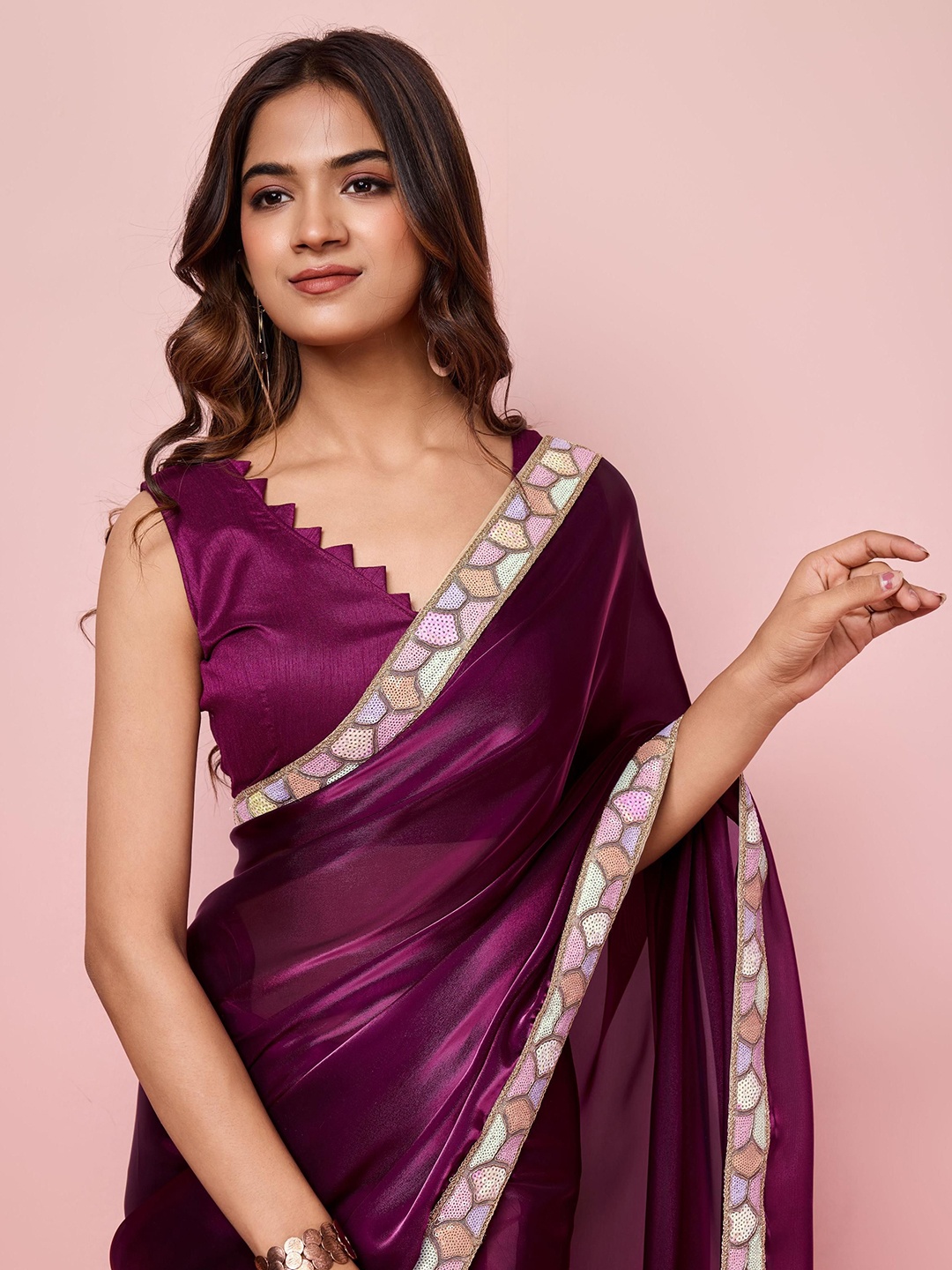 

HERE&NOW Embroidered Saree With Blouse Piece, Purple