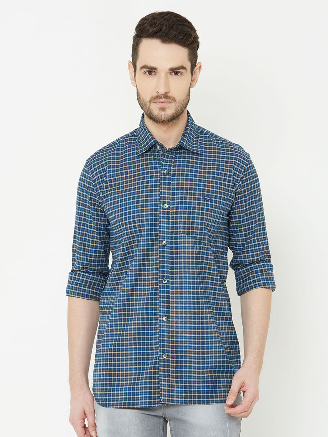

TERAXO Men Comfort Spread Collar Checked Cotton Casual Shirt, Blue