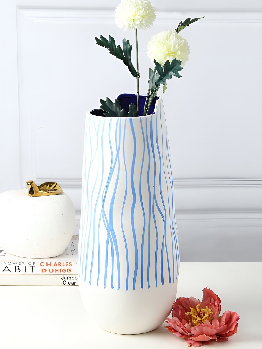 

HABERE INDIA White & Blue Ceramic FlowerVase