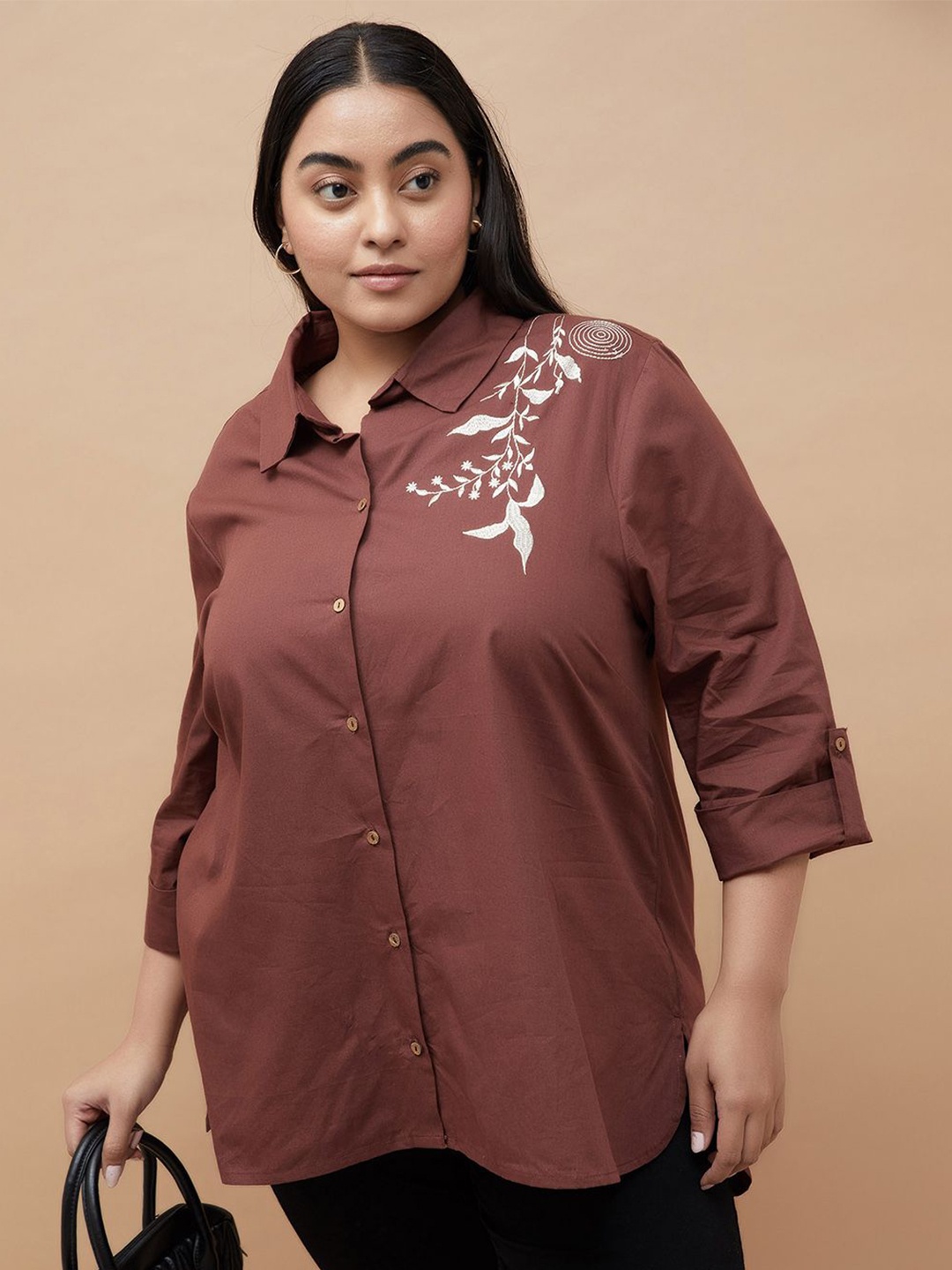 

Nexus by Lifestyle Roll-Up Sleeves Cotton Shirt Style Top, Brown