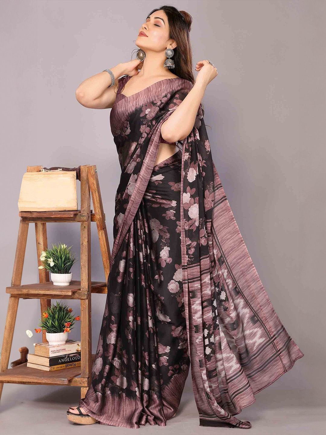 

KALINI Floral Poly Chiffon Saree, Black